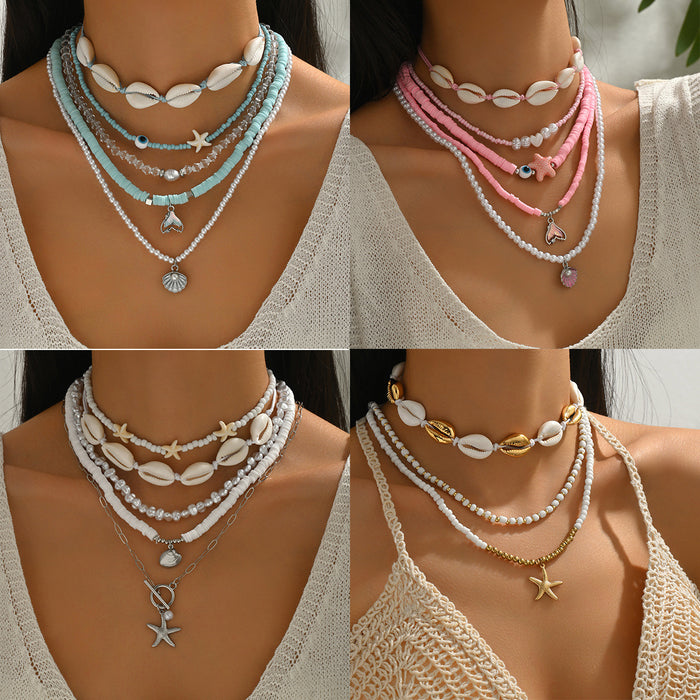 Wholesale Fashionable starfish shell necklace, pearl multi-layer necklace, necklace accessories