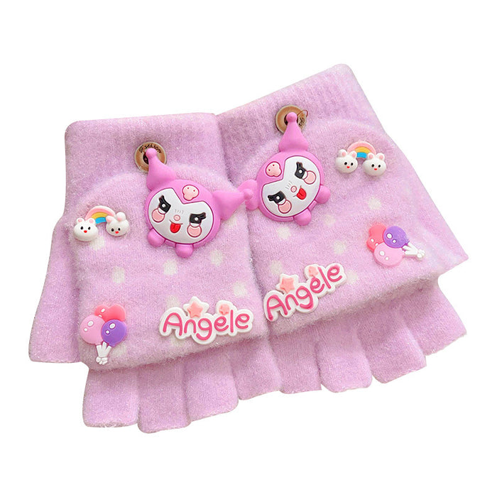 Wholesale Children' s Gloves Autumn and Winter Warm Cute Cartoon  Girls'  Half-Finger Flip Cover Baby Thickened Warm Five-Finger Set