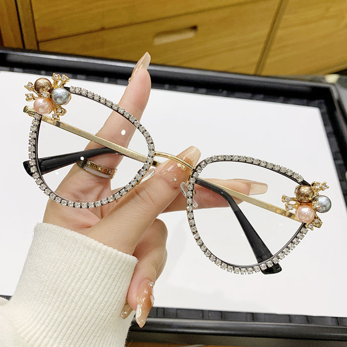 Wholesale Flat lens anti blue light large frame inlaid with diamonds and pearls, elegant and fashionable high-end frame glasses