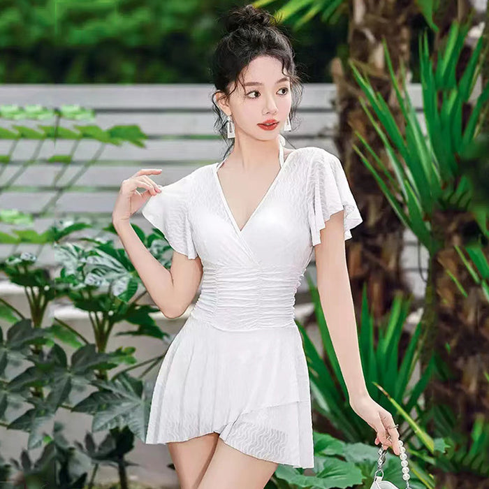 Wholesale Swimsuit women's polyester one-piece solid color elegant waist-tight Conservative slimming skirt steel bracket gathered meat-covering hot spring swimsuit