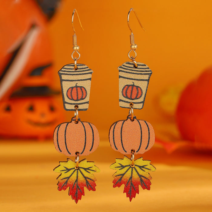 Wholesale  Gothic Black Cat Ghost Pumpkin ing Triple Pendant Earrings Wooden Funny Earrings