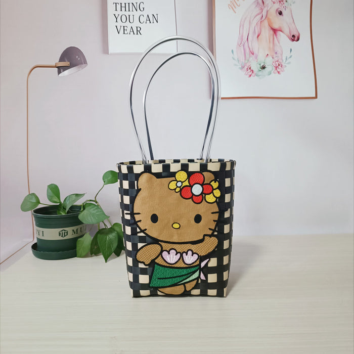 Wholesale Cat Vacation Casual Woven Bag Cute Cartoon Embroidered Bag