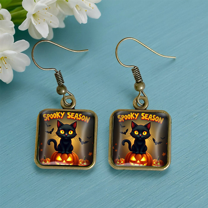 Wholesale  Black Cat Pumpkin Autumn Vintage Copper Square Time Gem Crystal Glass Earrings