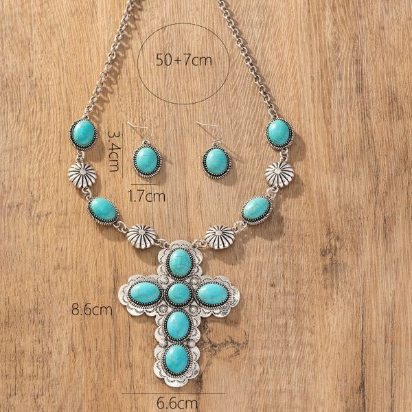 Wholesale Vintage Western Cross Turquoise Jewelry Set Alloy Necklace Earrings