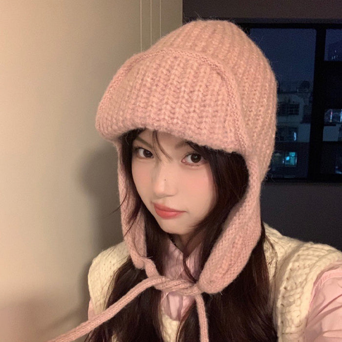 Wholesale Shown face small solid color lace-up knitted wool version of the artifact flight cap warm ear protection student cap