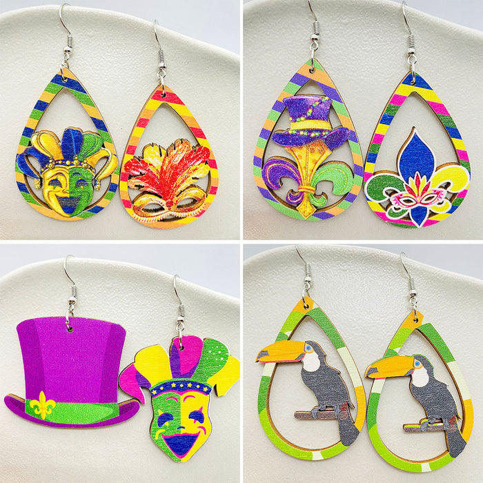 Wholesale Earrings Carnival Colored Festive Accessories Exaggerated Masks Water Droplets Hollow Wooden Earrings JDC-ES-YaChen008