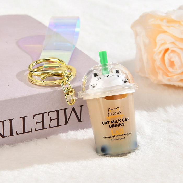Wholesale Quicksand Cat Bubble Tea Keychain