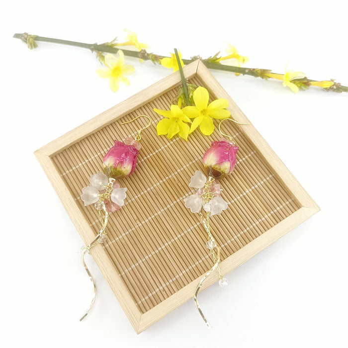 Wholesale New Eternal Flower Rose Earrings Vintage Super Fairy Long Versatile True Flower Earrings Eardrops Earclips