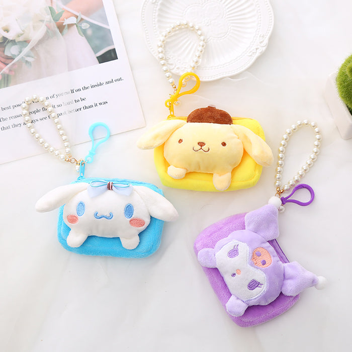 Wholesale Cute Sanrio Plush Coin Purse Female Creative Cartoon Coin Bag ID Bag Pearl Lanyard Gift JDC-WT-XG003