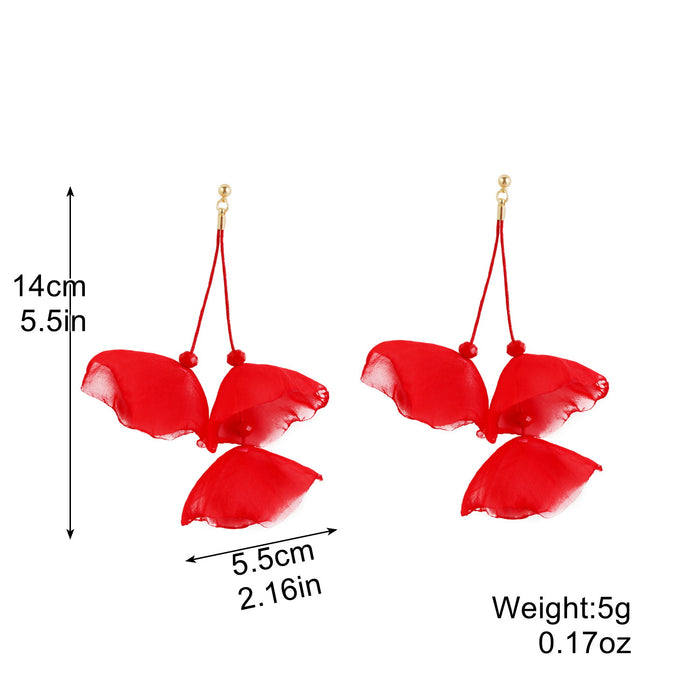 Wholesale Exaggerated flower tassel earrings, personalized earrings, temperament long fabric earrings, red flower earrings