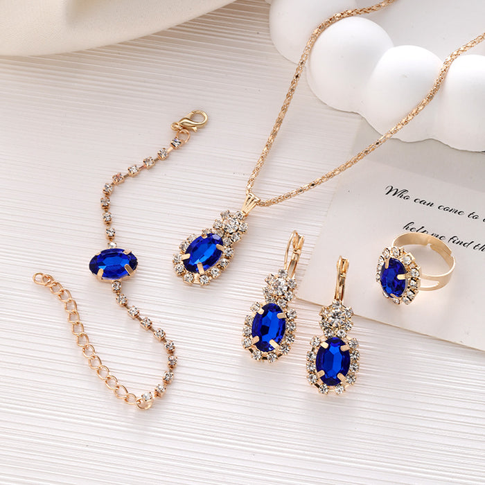 Wholesale Alloy Diamond Water Drop Oval Necklace Ring Bracelet Earrings Four-piece Set JDC-BT-ChaoKai004