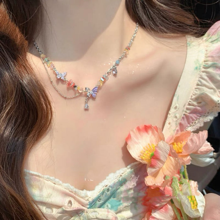 Wholesale Chic Colorful Glazed Butterfly Necklace Alloy Jewelry Accessory
