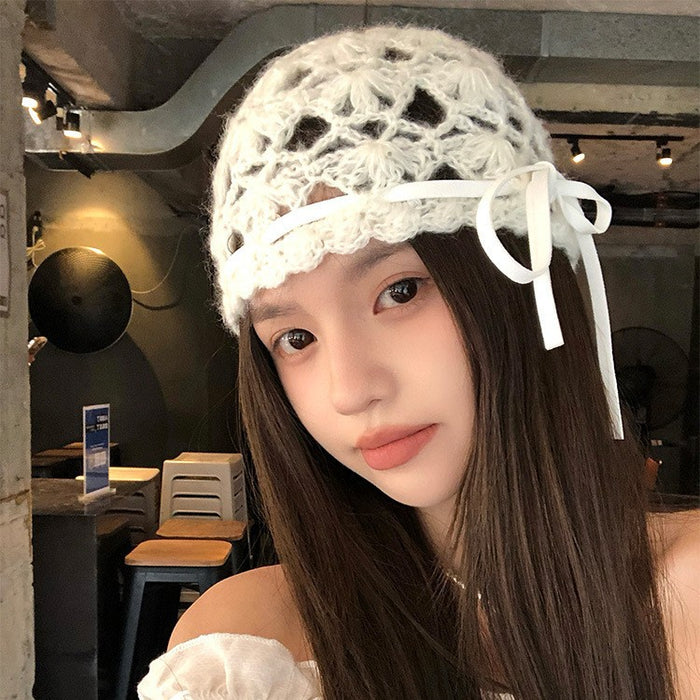 Wholesale Hollow bow knitted hat, thin, breathable, handmade crochet yarn hat