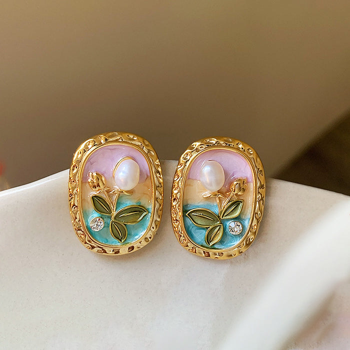 Wholesale Silver needle oil drop flower geometric earrings  summer new all-match earrings