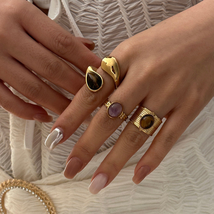 Wholesale Gold Plated Tiger Eye Stone Ring with Vintage Texture and Layered Beads