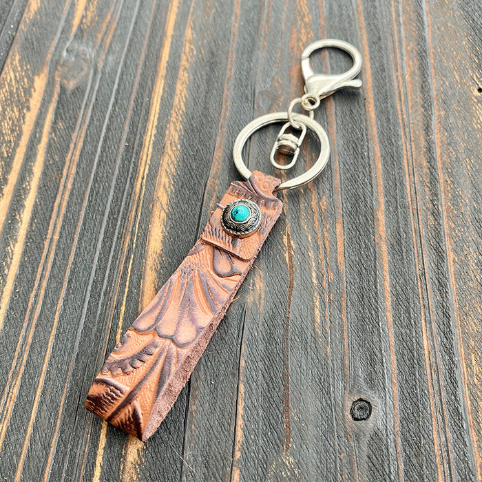 Wholesale Retro leather keychain turquoise cowhide pendant