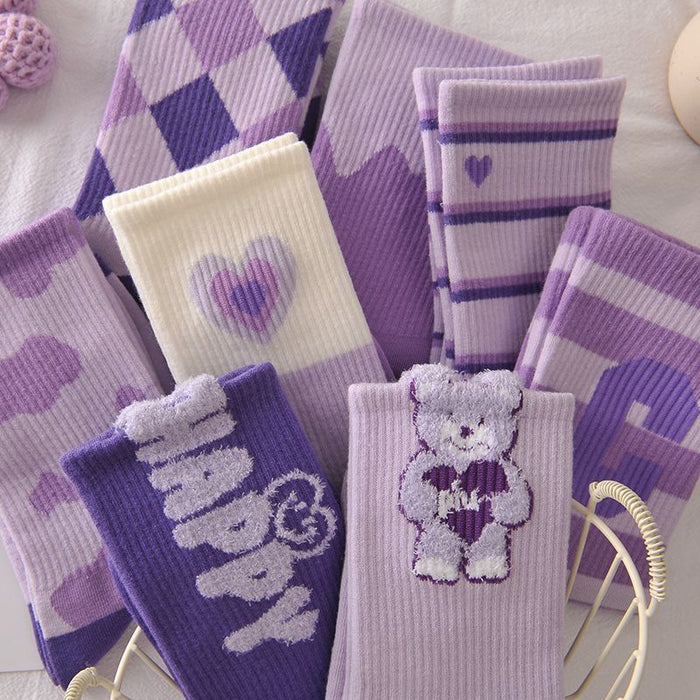 Wholesale Purple Socks Women's Cute Bear Mid-length Socks Ins Trendy Autumn and Winter Cartoon Students Stockings