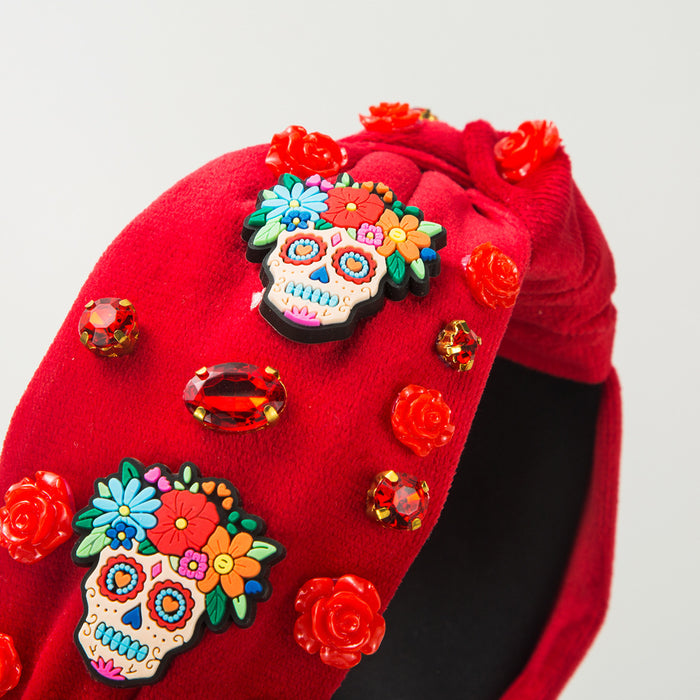 Wholesale Halloween Velvet Cartoon Skull 3D Rose Fabric Wide Brim Headband JDC-HD-HM030