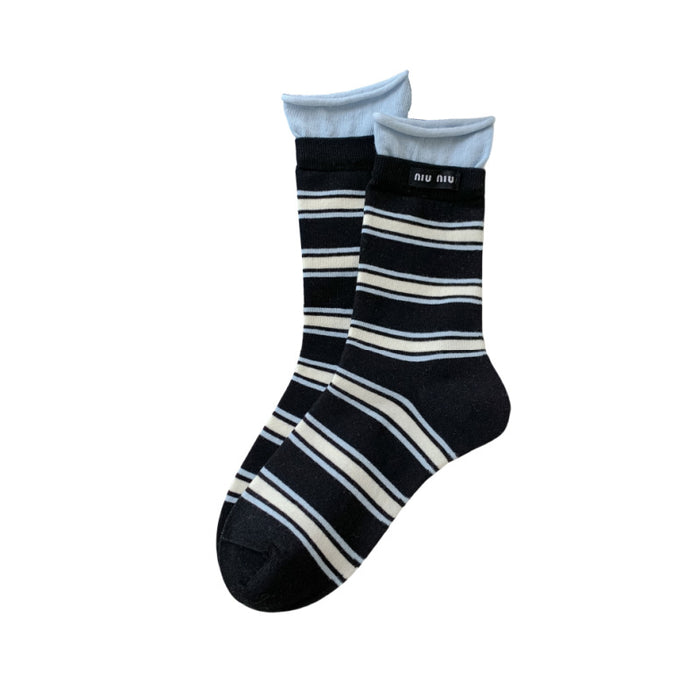 Wholesale Striped socks, mid tube, double ribbed, color blocked fabric, label pile socks, versatile long tube cotton socks