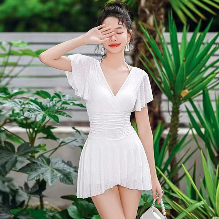 Wholesale Swimsuit women's polyester one-piece solid color elegant waist-tight Conservative slimming skirt steel bracket gathered meat-covering hot spring swimsuit
