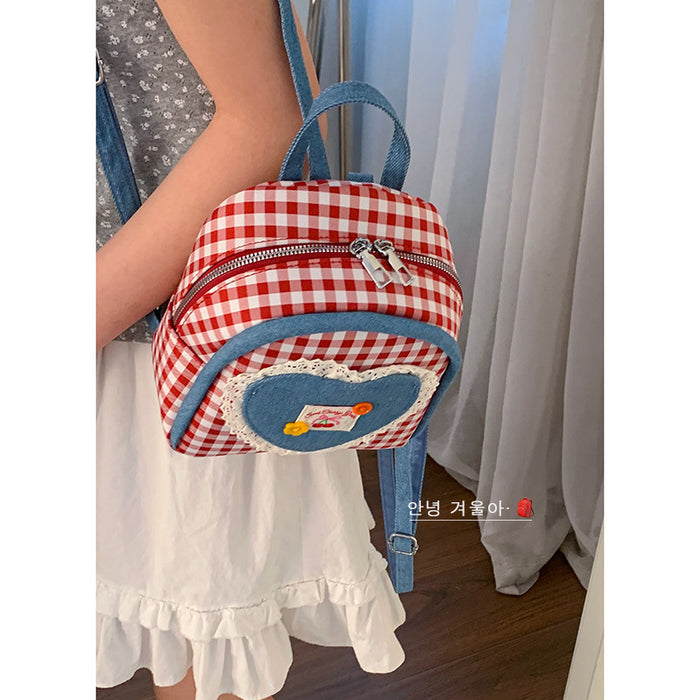 Wholesale Casual plaid canvas bag, fashionable college style backpack, cartoon cute backpack