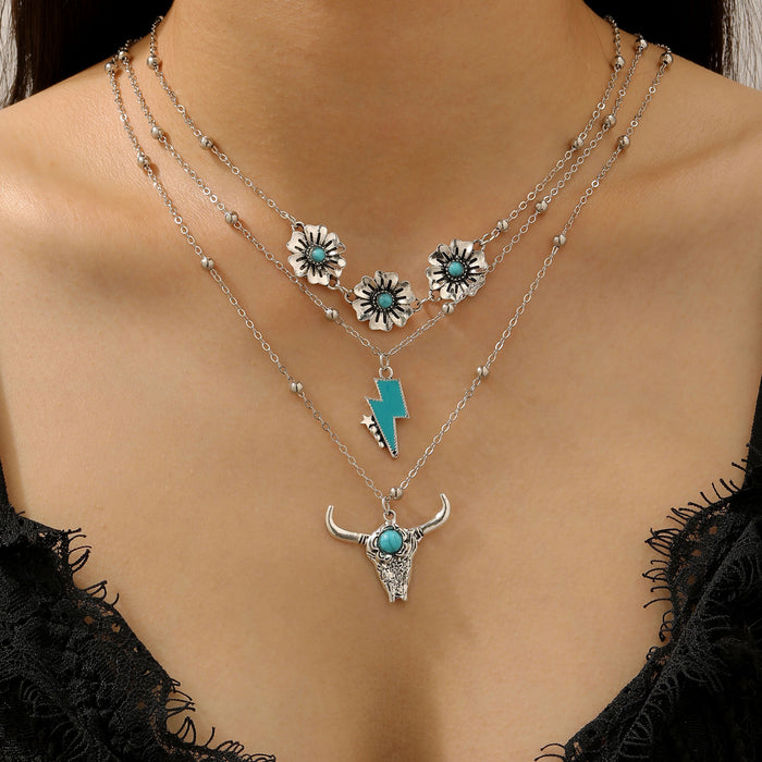 Wholesale Bohemian Ethnic Style Zinc Alloy Jewelry Set Cow Head Design Necklace and Bracelet
