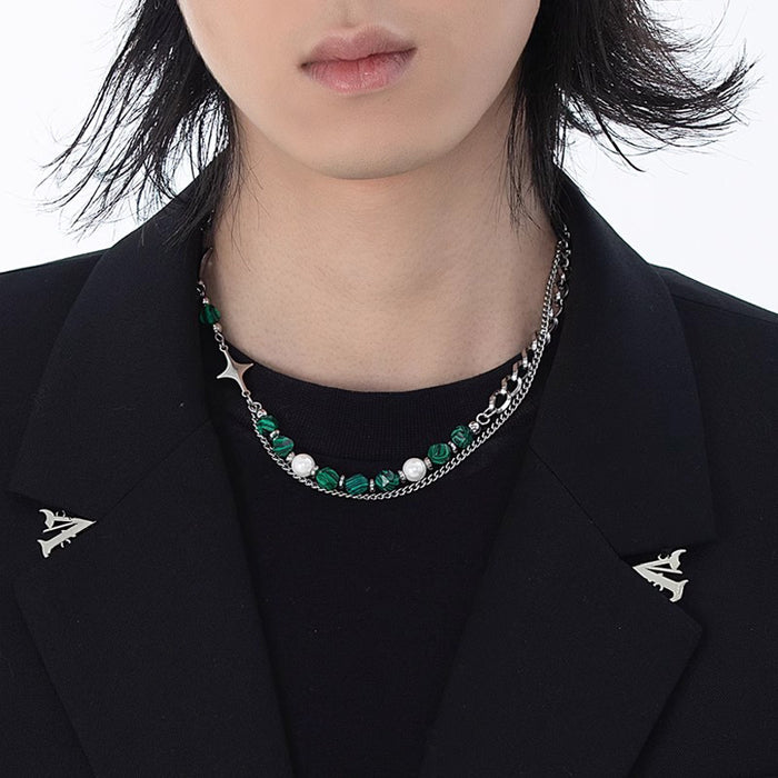 Wholesale Natural stone splicing cross star shaped necklace, collarbone chain, emerald inlaid bead accessory