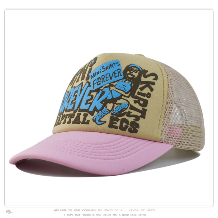 Wholesale Hip-hop printed letter baseball cap visor color-blocked street mesh trucker hat