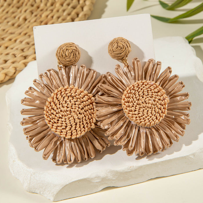 Wholesale hand woven raffia grass holiday style earrings summer color matching beach style earrings