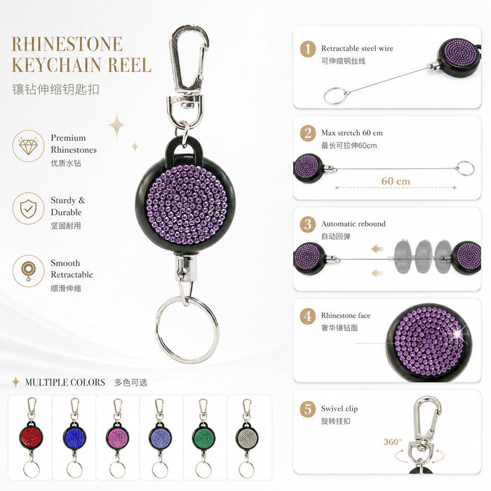 Wholesale Rhinestone Retractable Keychain Steel Wire Rope Women Bag Charm Anti Lost Fashion Accessory