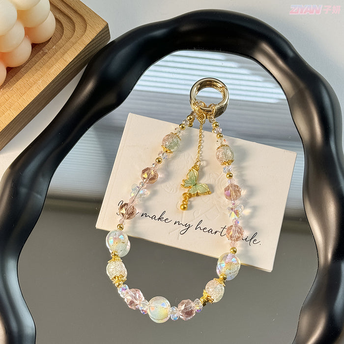 Wholesale Beaded Popcorn Crystal Beads Mobile Phone Chain Alloy Butterfly Gold Beads Keychain