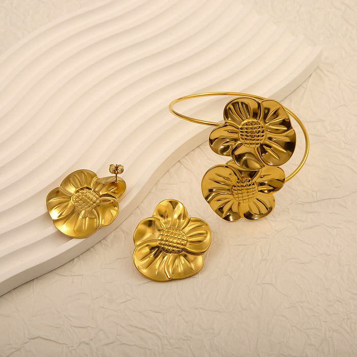 Wholesale Fashion and Personalized Stainless Steel Flower Bracelet Sunflower Bracelet Earring Set Wholesale