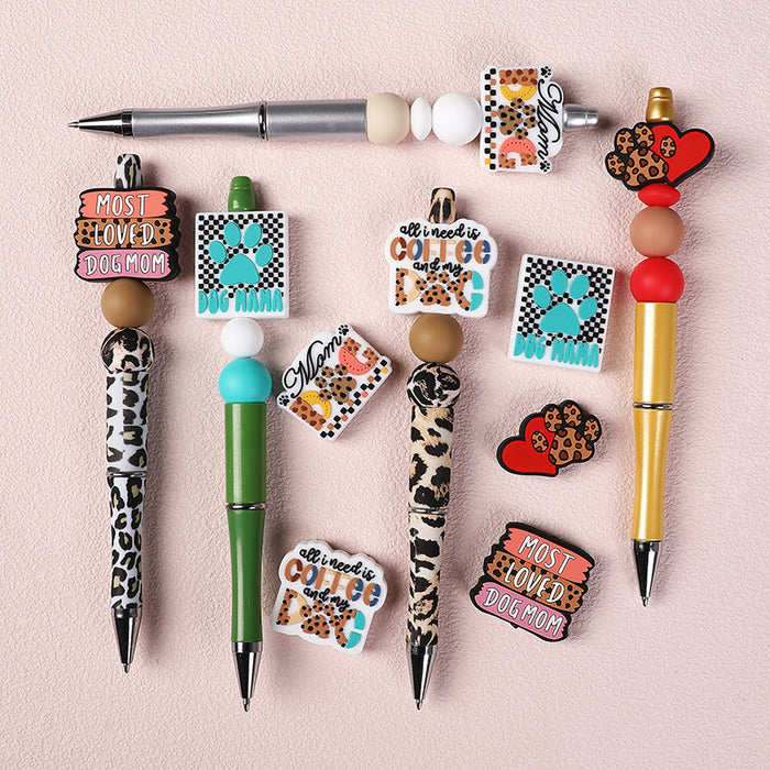 Wholesale 20pcs Silicone Beaded Pen Accessories Dropping Glue Leopard Dog Mom Silicone Beads DIY Bracelet Decorations Alphabet Beads