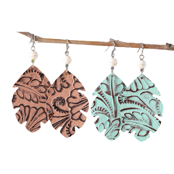 Wholesale Leather Bohemian Leaf Pattern Turquoise ing Earrings Boutique Resale Jewelry
