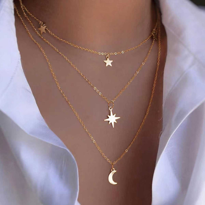 Wholesale Exaggerated alloy star pendant, street moon, multi-layer layered necklace