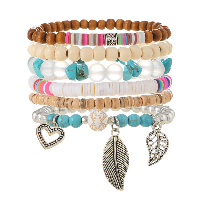 Wholesale Bohemian style colorful multi-layered wooden bead and nut shell six-piece set stretch clay bead bracelet