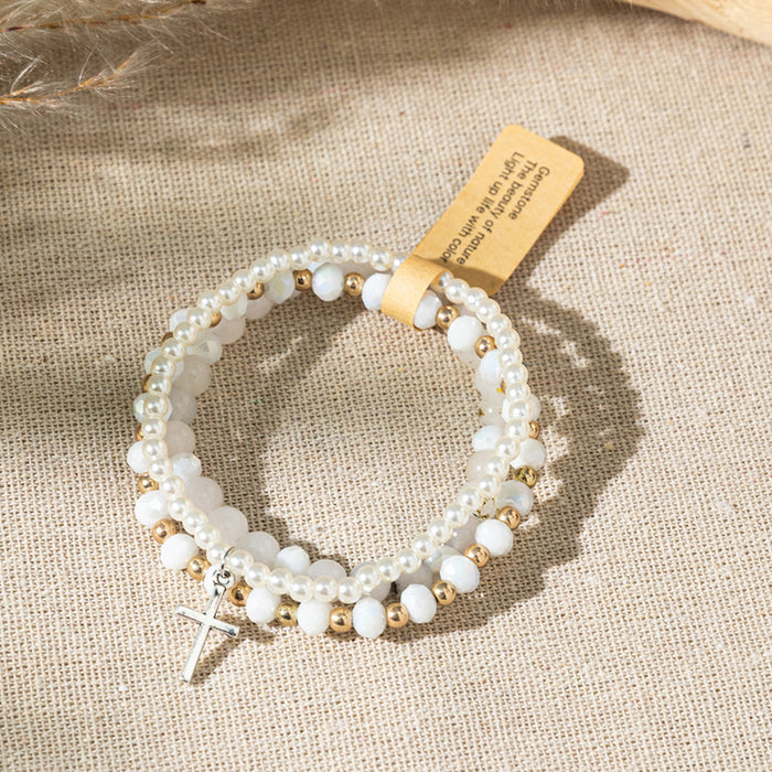 Wholesale Bohemian Color Stone Bracelet Cross Pendant Multi-Layer Stacked Bracelet