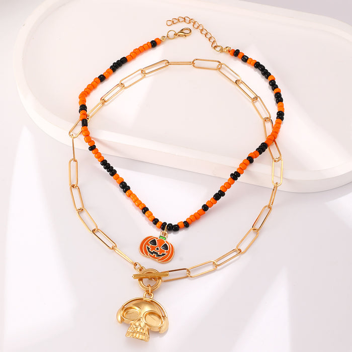 Wholesale Skull Ghost Pumpkin Bat Pendant Necklace Women's Beaded Bracelet suit Halloween