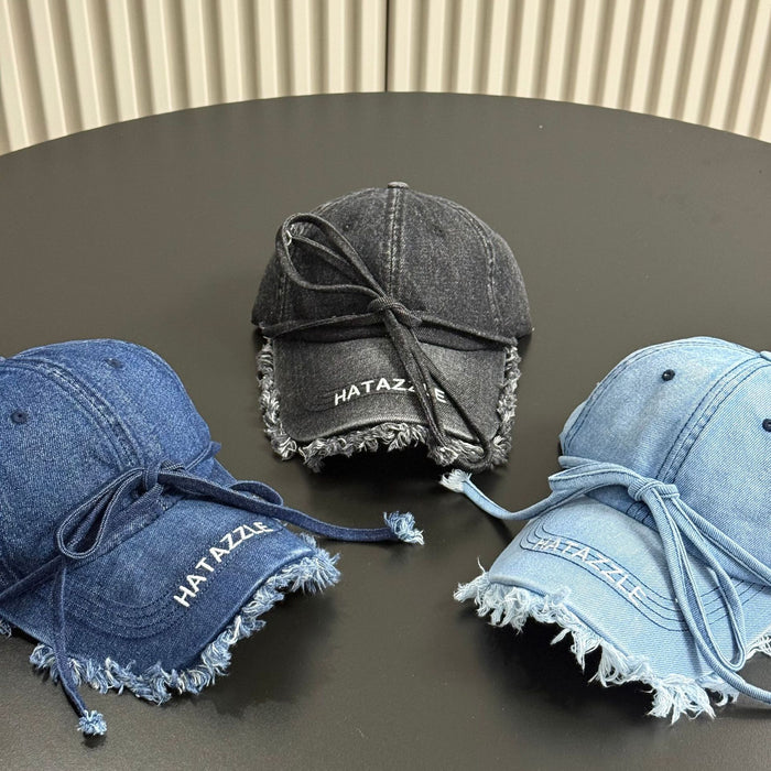 Wholesale Retro fringed denim baseball cap, soft top bow sun hat, sun protection duckbill cap