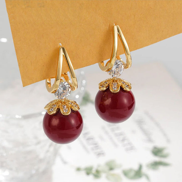 Wholesale  Diamond-encrusted Red Pearl Earrings Autumn and Winter  Atmospheric  Earrings Earrings