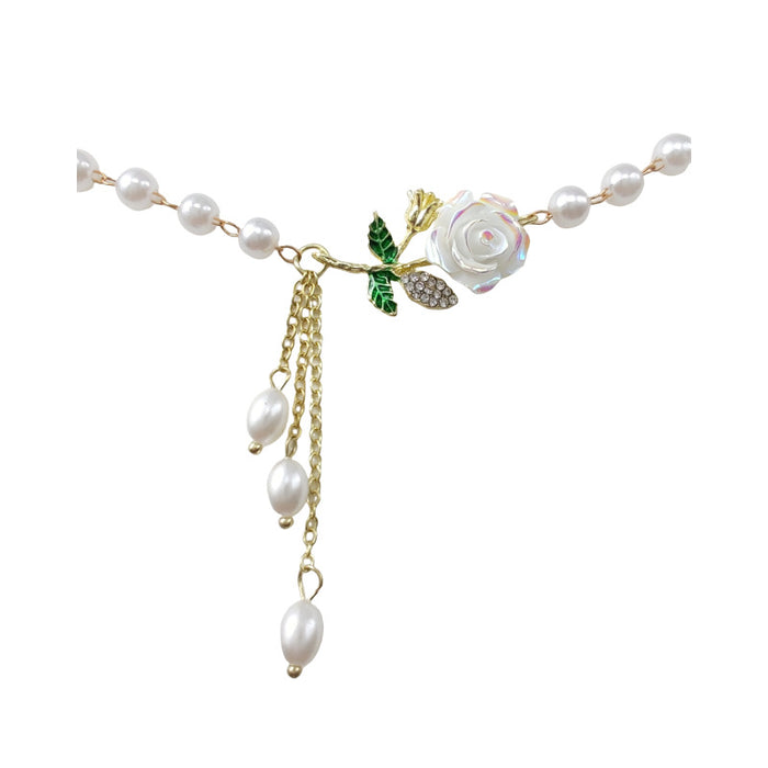 Wholesale Vintage Camellia Tassel Pearl Necklace, Light Luxury, Elegant, Exquisite Clavicle Chain, Neck Chain Jewelry