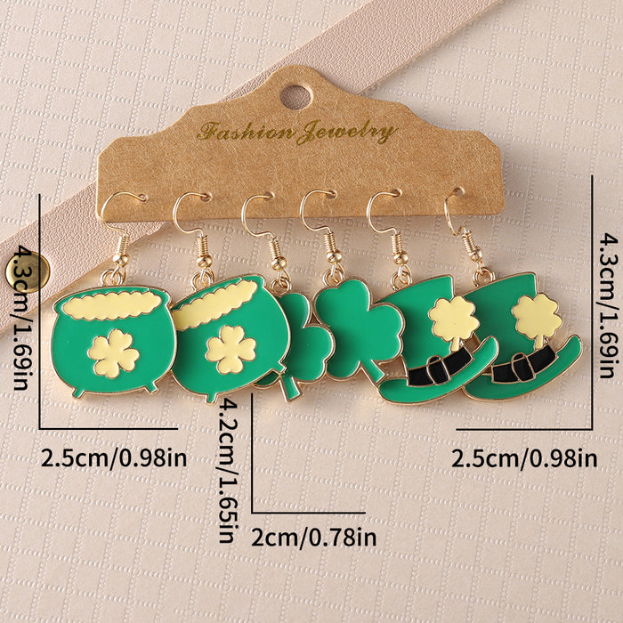 Wholesale Green Clover Leaf Drop Earrings Dripping Oil Alloy 3 Pairs Jewelry Accessory