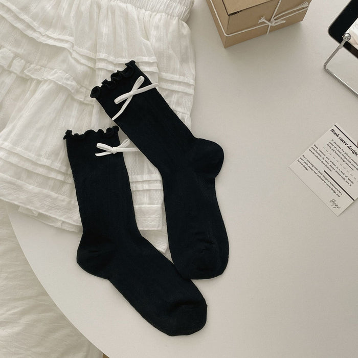 Wholesale Bow shaped mid tube socks with thin hollow mesh breathable stacking socks
