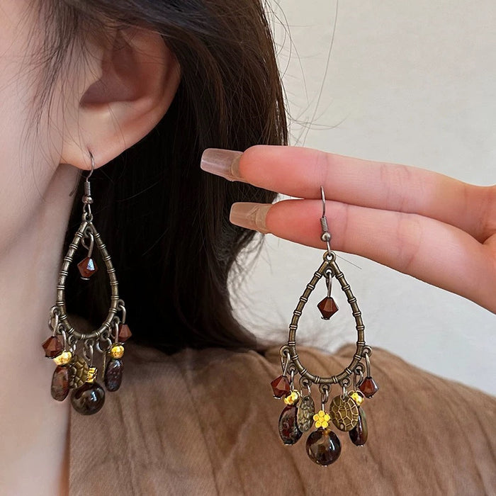 Wholesale Beaded tassel earrings, retro hollow water droplet earrings, long ear accessories