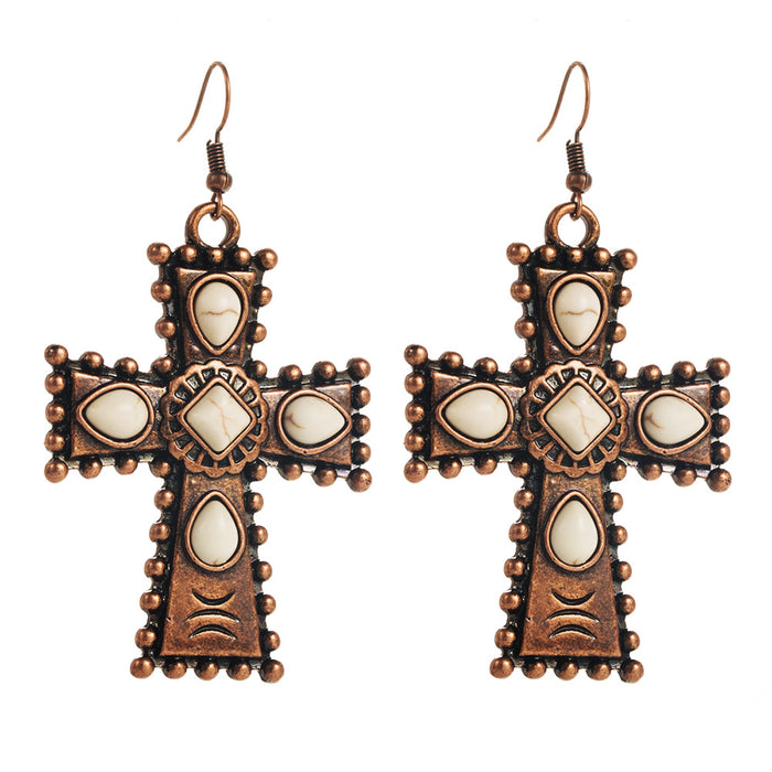 Wholesale Vintage turquoise teardrop cross statement earrings