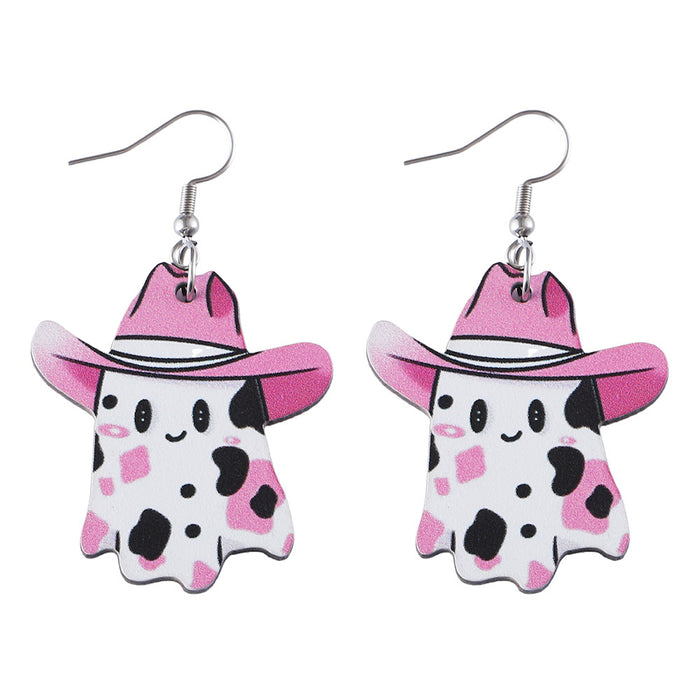 Wholesale  cute western cowboy hat painted ghost pendant earrings wooden double-sided earrings