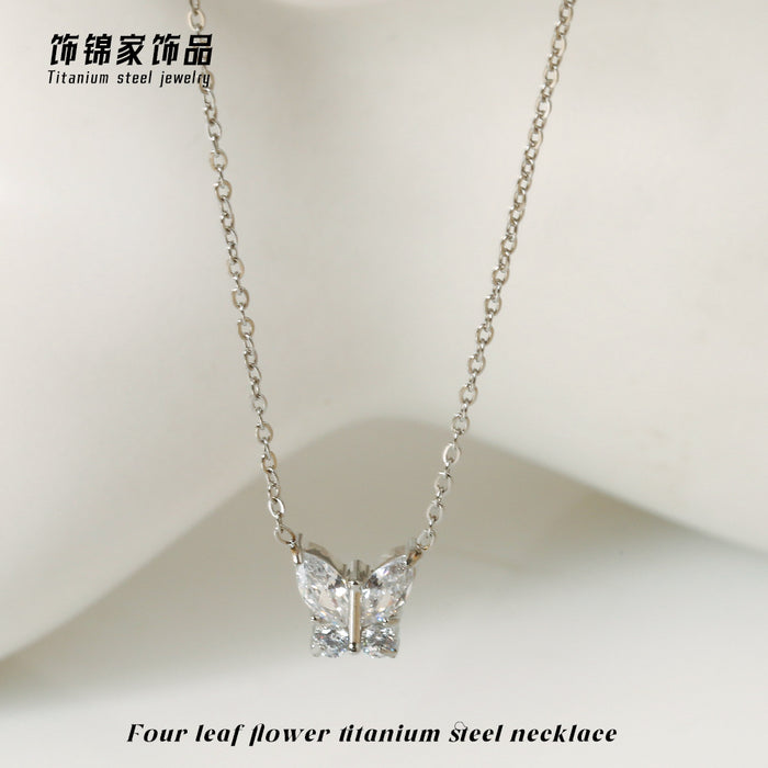 Wholesale Gold Butterfly Zircon Pendant Necklace Titanium Steel Fashion Jewelry MOQ≥2