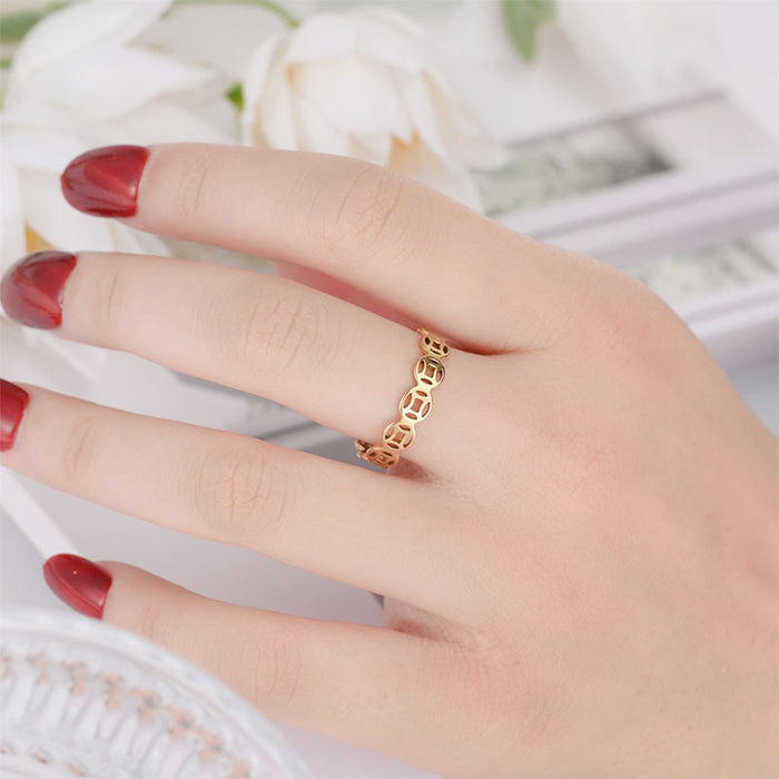 Wholesale Hollow out copper coin ring with retro opening and adjustable tail ring, lucky money element ring, index finger bracelet
