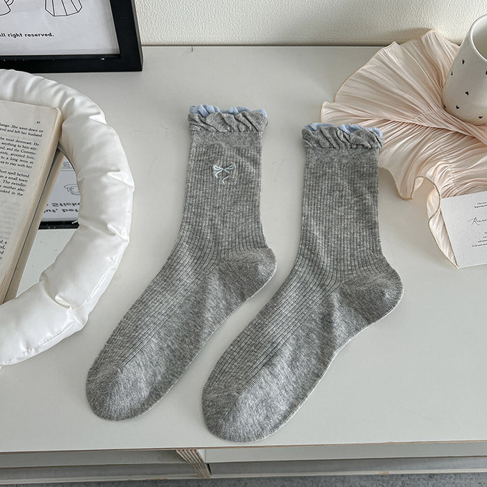Wholesale Thin double-layer bubble mouth lace bow middle tube socks stacked with cotton socks