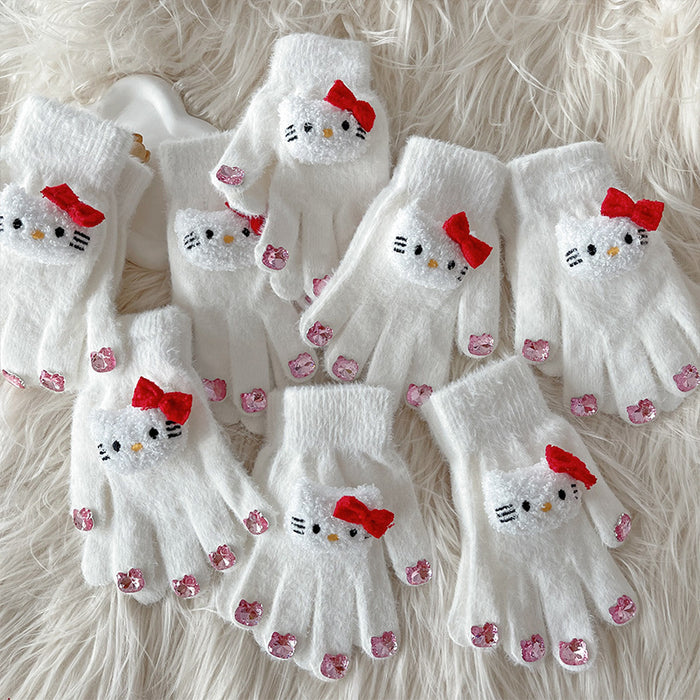 Wholesale Cute Diamond Gloves women' s winter warm glutinous  plush gloves thickened warm student Five Finger Set